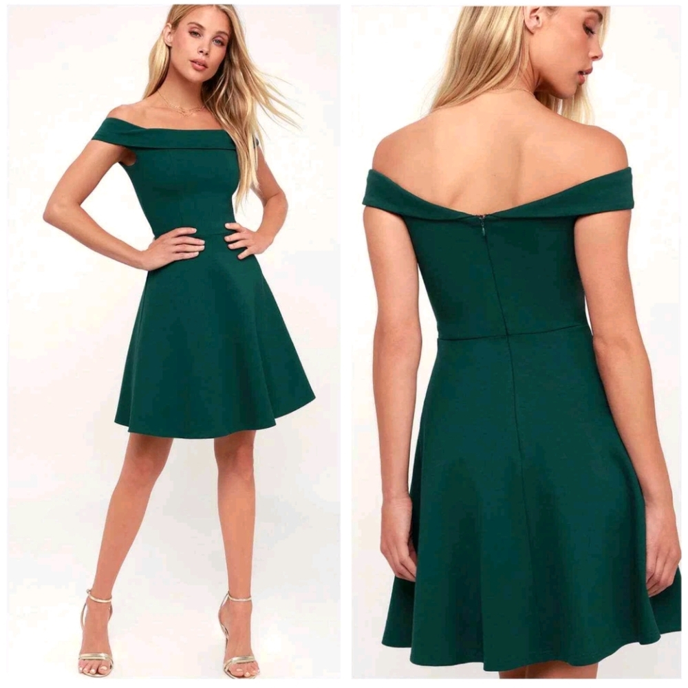 Season of Fun Forest Green Off-the-Shoulder Skater Dress
